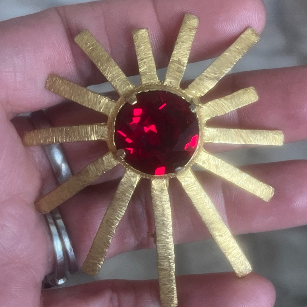 Radiant Red and Gold Floral Brooch